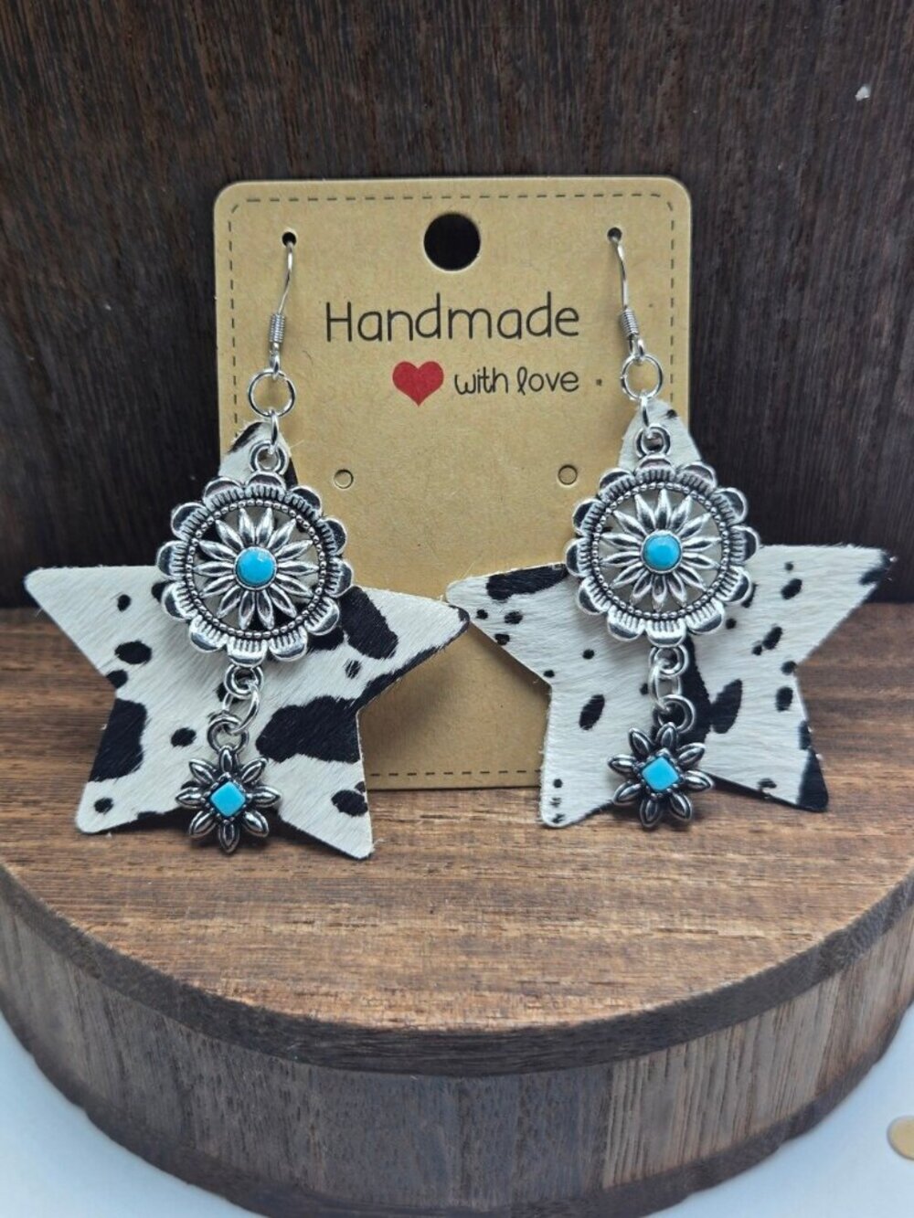 NWT Faux Turquoise Cowhide Star Earrings Pierced Concho Western Dangle Drop OOAK